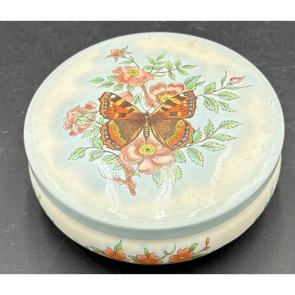 Daher Decorated Ware 5" Tin Butterfly Floral Lidded Round Trinket Box England